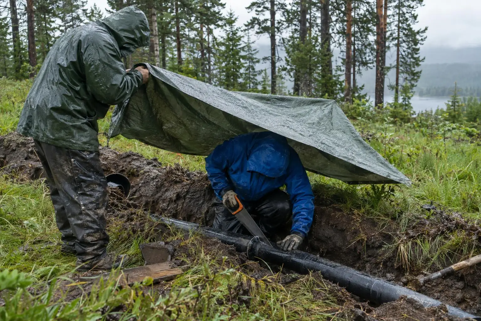 A worker under a green tarp in a trench cutting a black pipe with a hand saw on a rainy hillside