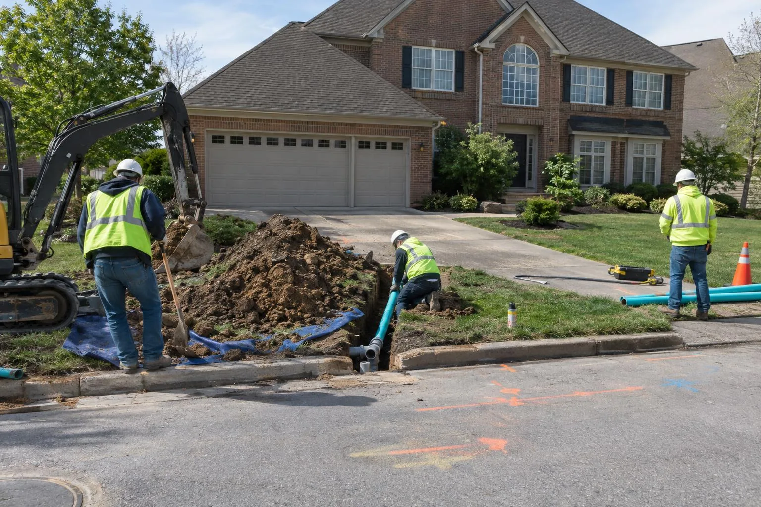 Workers in safety vests and hard hats laying new teal pipe in a trench in a front yard beside a mound of soil, an excavator behind them
